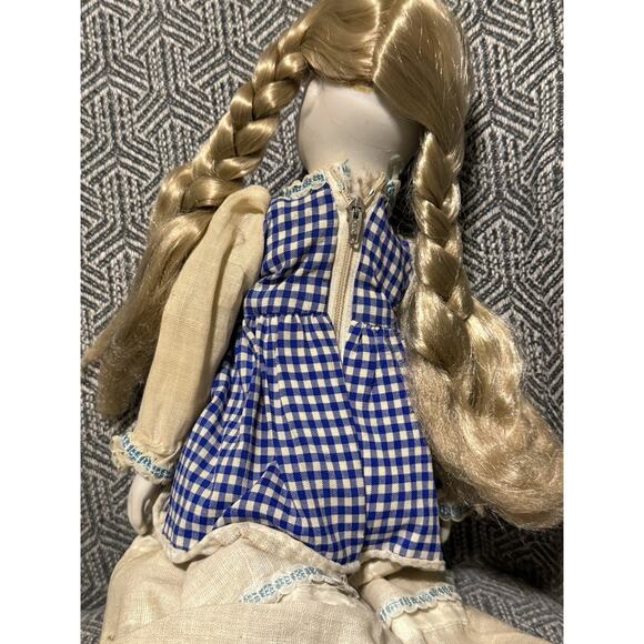 Vintage Mid-Century Porcelain Doll Blonde Braids Blue Gingham Dress - Picture 3 of 7